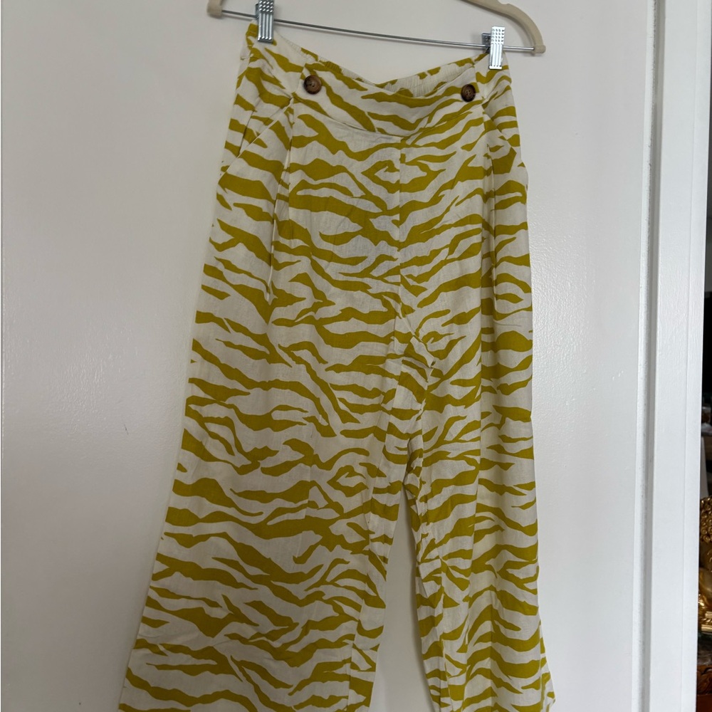 Green and White Linen Marc by Marc Jacobs Zebra Print Pants